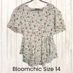 Bloomchic Size 14 Floral Faux Wrap Flutter Sleeve Top EUC